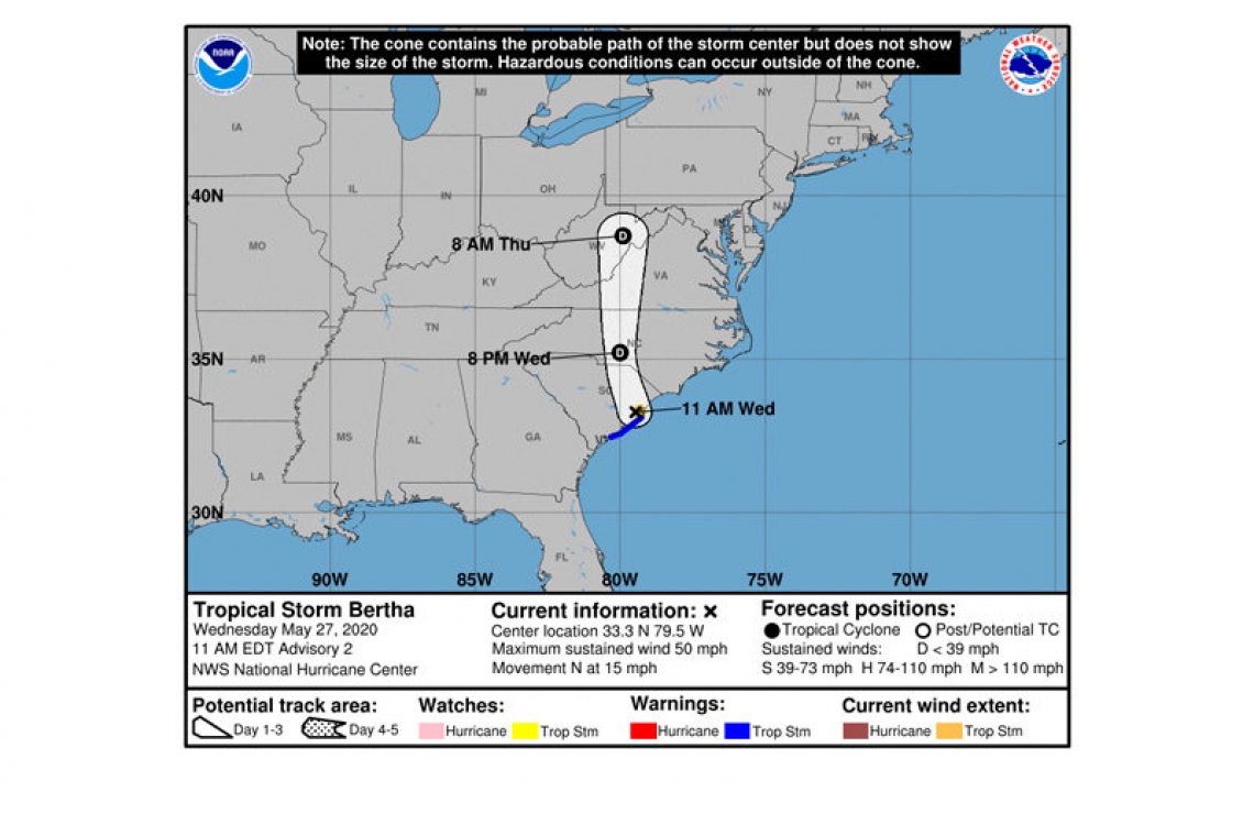 A Tropical Storm Warning is in effect for the coast of South Carolina from Edisto Beach to South Santee River.