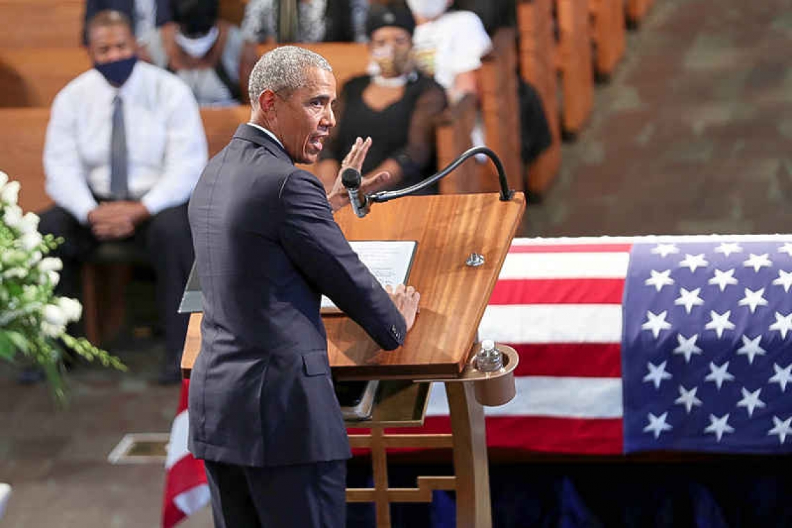 Obama takes aim at Trump in fiery eulogy for John Lewis