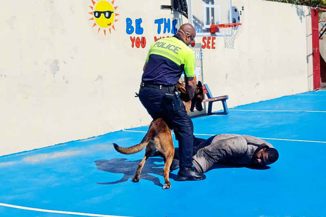 Police show schoolchildren how a  K9 helps in the arrest of a suspect