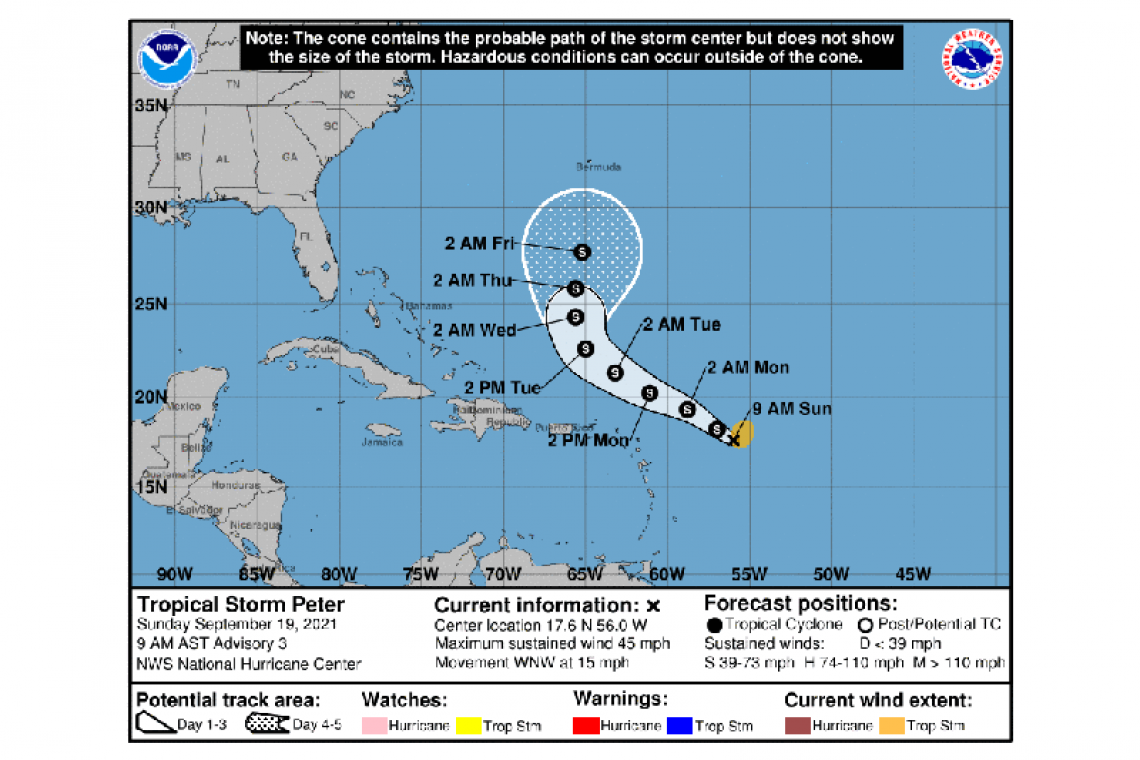 ...CENTER OF PETER FOUND FARTHER SOUTH AND WEST...  ...STILL EXPECTED TO PASS WELL NORTH OF THE LESSER ANTILLES...