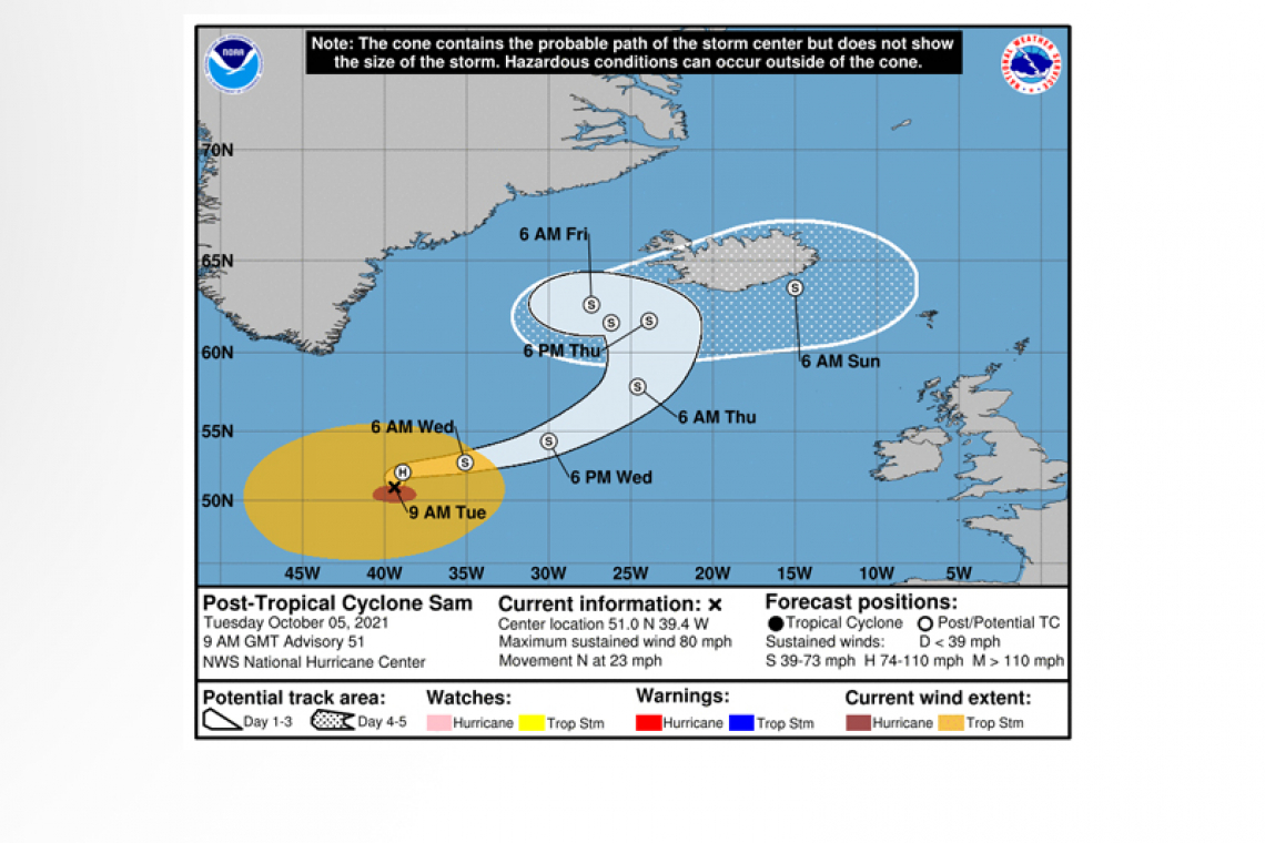 ...SAM TRANSITIONS TO A POWERFUL POST-TROPICAL CYCLONE OVER THE FAR NORTH ATLANTIC BETWEEN NEWFOUNDLAND AND ICELAND...