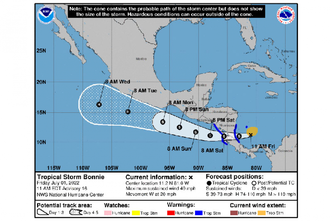 Tropical Storm Bonnie Advisory Number  16 1100 AM EDT Fri Jul 01 2022