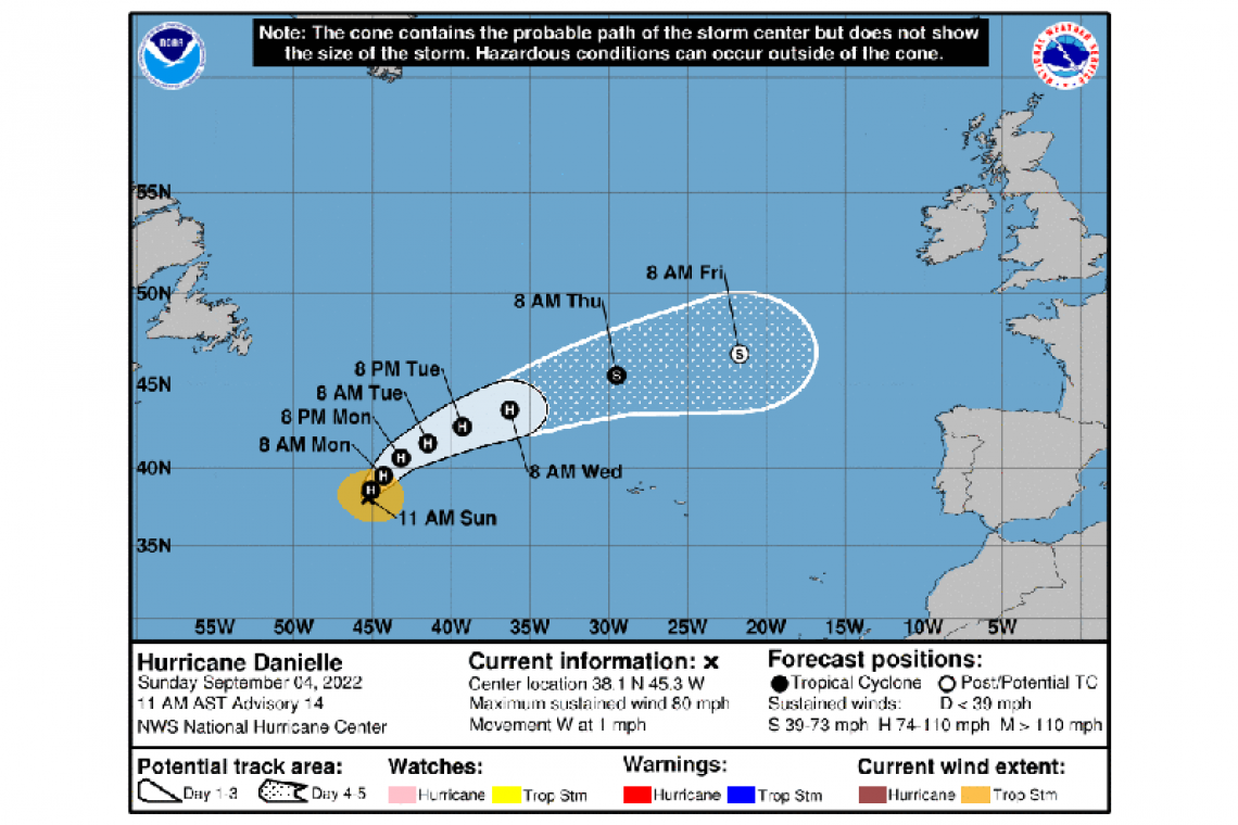 ...DANIELLE SLOWLY INTENSIFIES...Hurricane Danielle Advisory Number  14