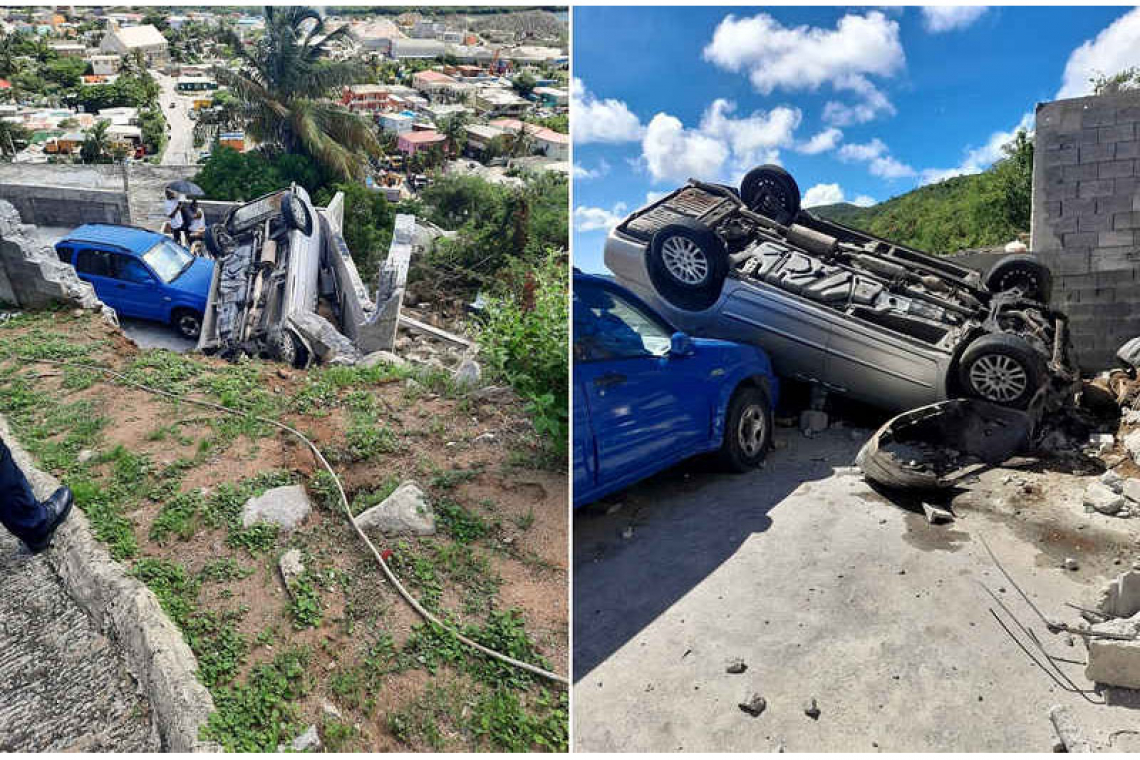 Taxi slams through wall  and lands upside down 