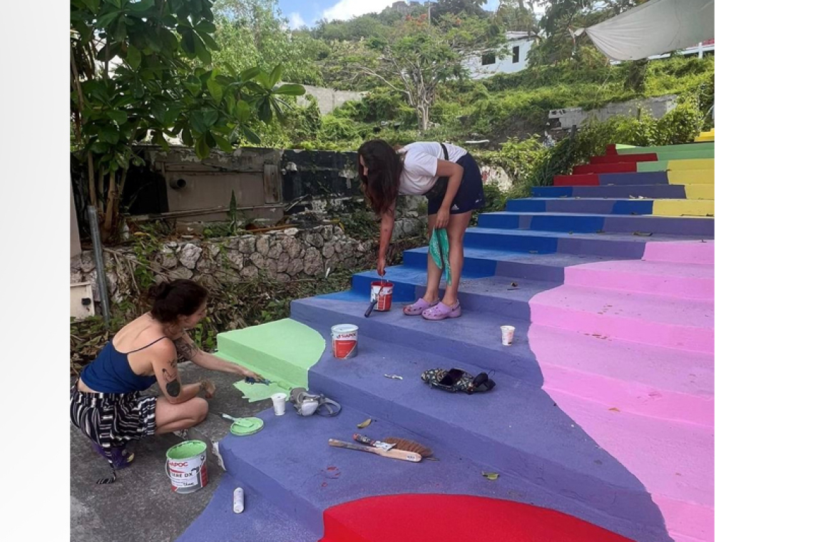 Painting of steps leading to  Rue de Fort Louis underway